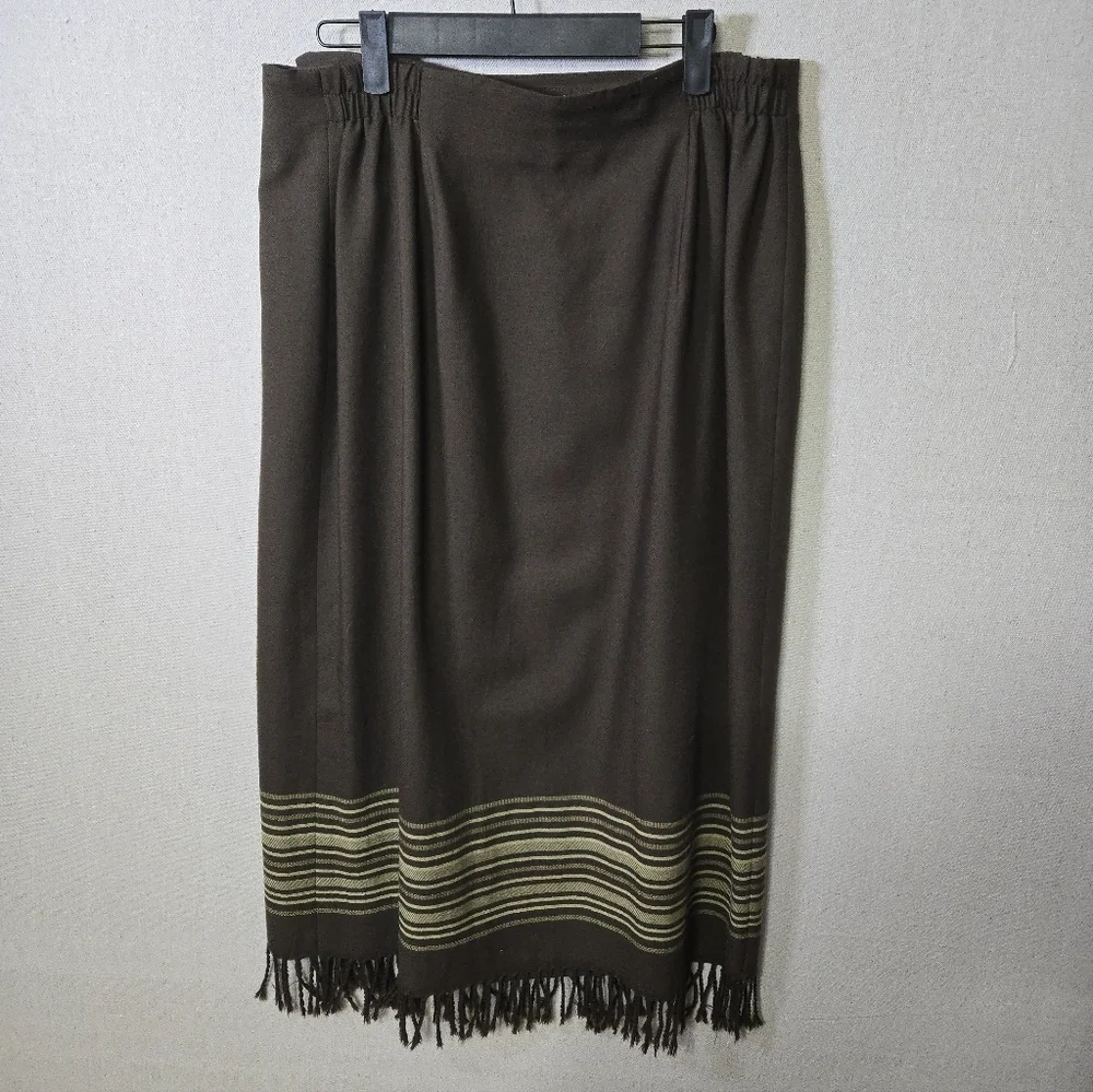 Rena Rowan Wool Wrap Green Brown Pencil Skirt with Fringe Elastic @ Waist